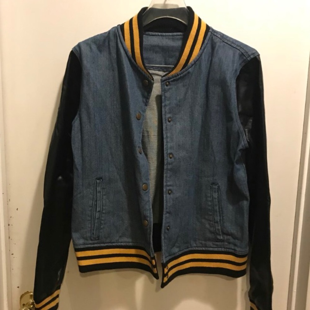 Denim jacket with faux leather sleeves!